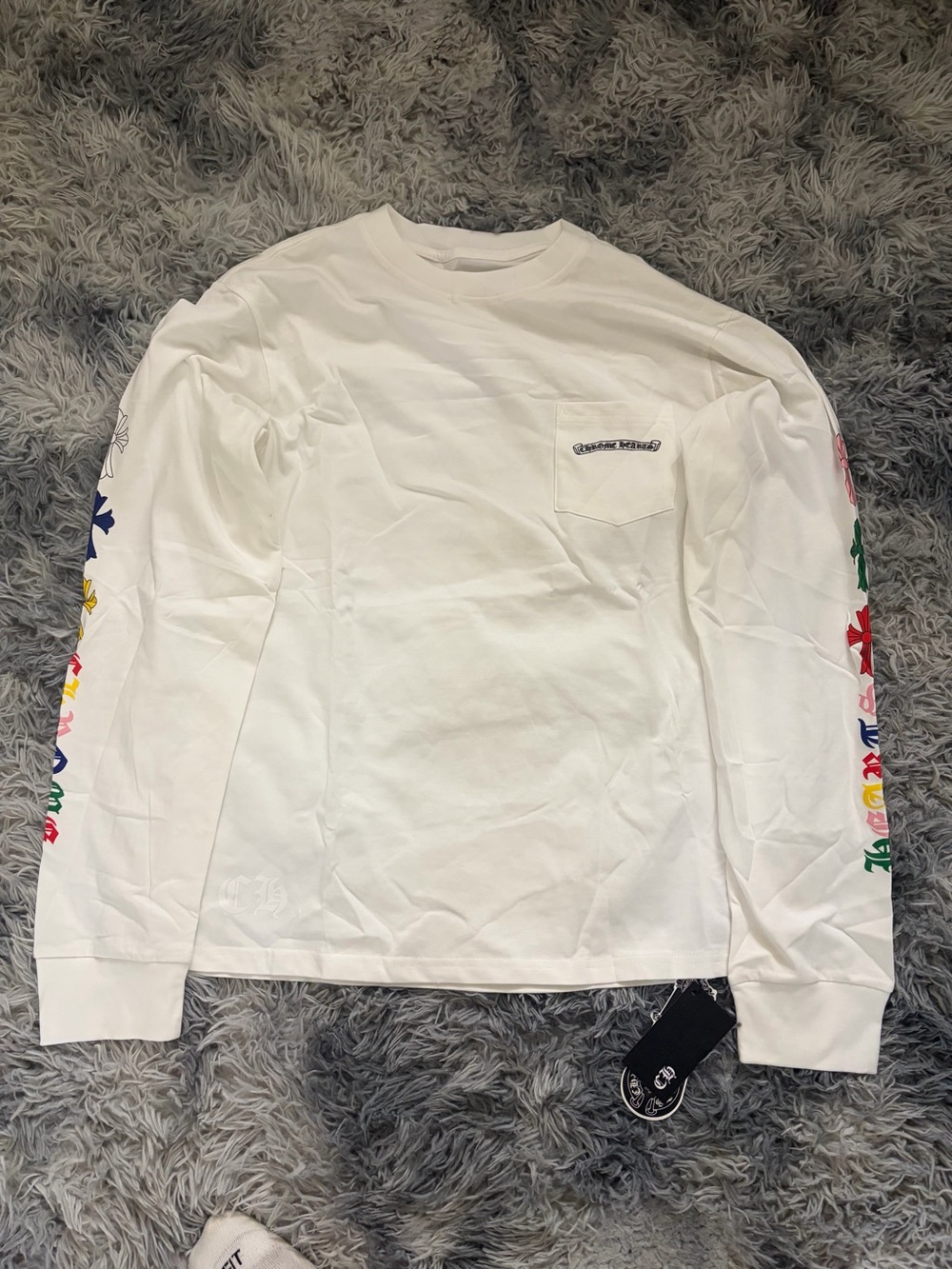 Chrome Hearts White Long Sleeve Tee with Multicolor Sleeve Motifs